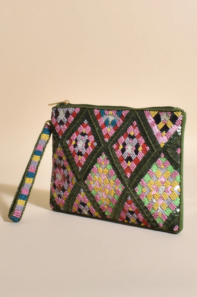 Adorne Beaded Weave Pattern Clutch | Green_Silvermaple Boutique