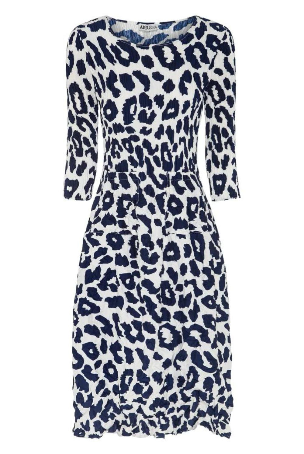 Alquema - 3/4 Sleeve Smash Pocket Dress | Indigo Leopard - Dress - Silvermaple Boutique