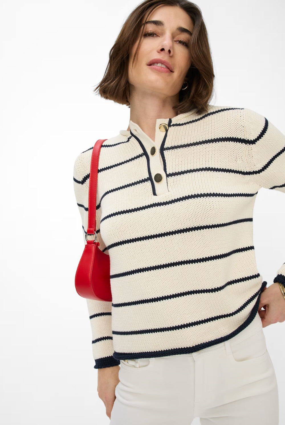 Brax - Lesley Buttoned Sweater | Eggshell Stripe - Knitwear - Silvermaple Boutique
