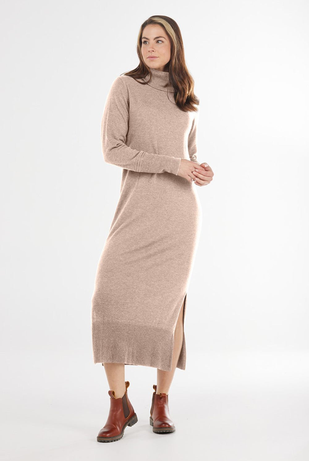 Bridge & Lord - Longline Roll Neck Dress | Camel - Knitwear - Silvermaple Boutique