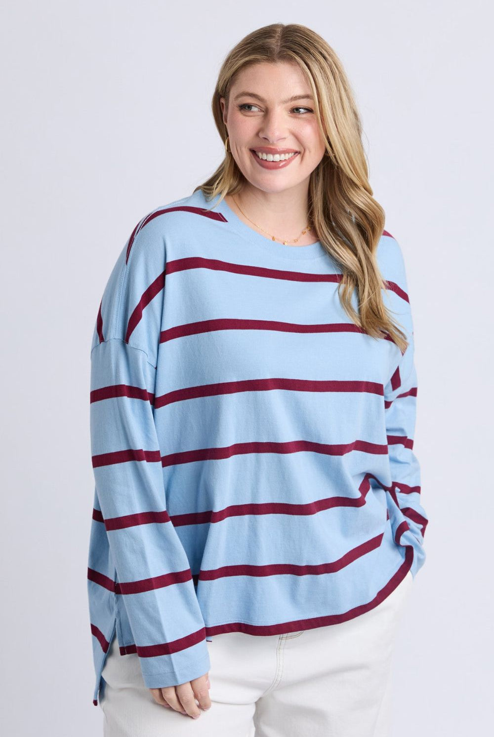 Elm Lifestyle - Callie Stripe L/S Tee | Light Blue & Plum Stripe - Top - Silvermaple Boutique