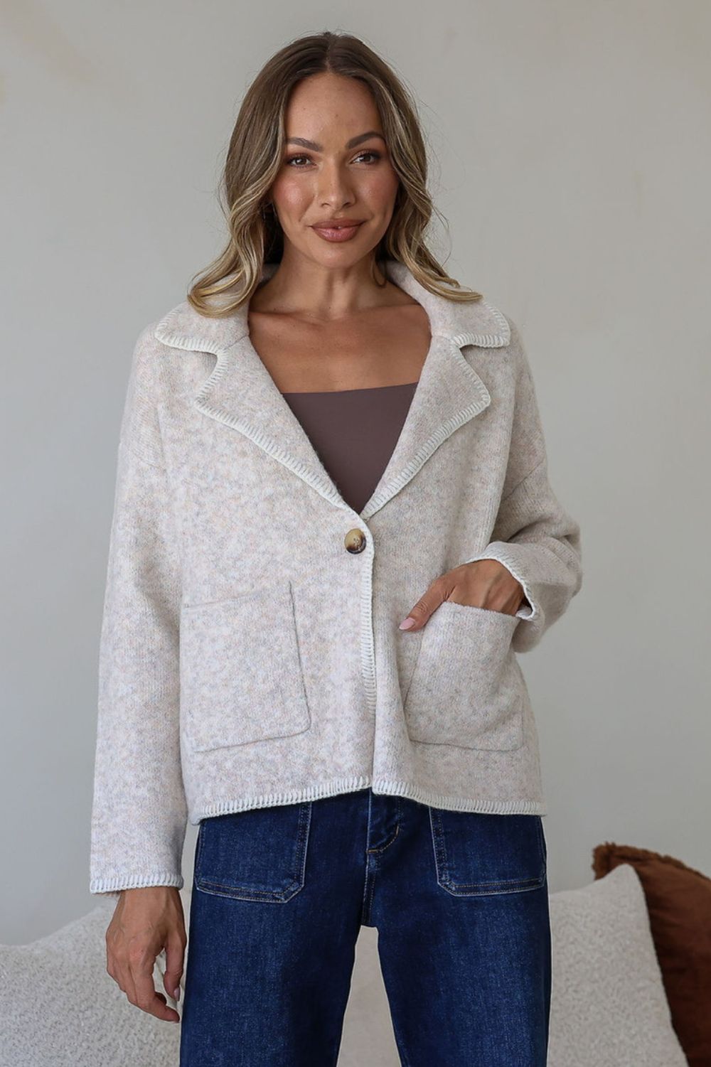 Fashion Curated - Blanket Stitch Knit Jacket | Latte - Knitwear - Silvermaple Boutique