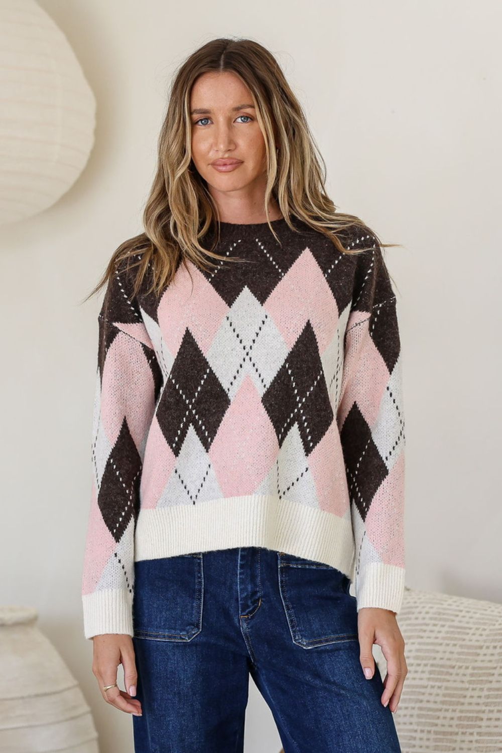 Fashion Curated - Diamond Check Knit | Pink Choc - Knitwear - Silvermaple Boutique