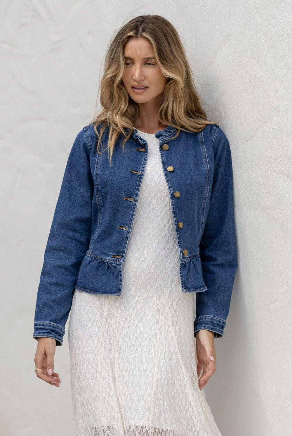 Fashion Curated - Ruffle Denim Jacket | Mid Blue - Knitwear - Silvermaple Boutique