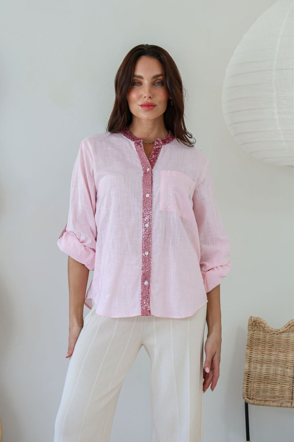 Fashion Curated - Stella Sequin Trim Shirt | Blush - Top - Silvermaple Boutique