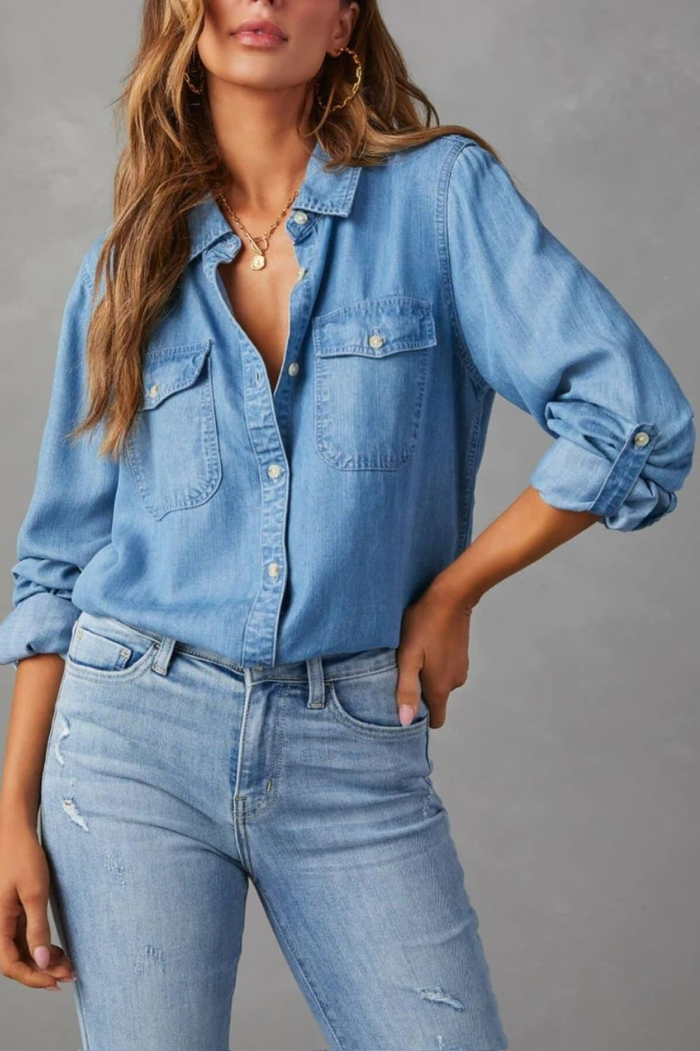 Fashion Express - Chambray Button Shirt | Mid Wash Blue - Shirt - Silvermaple Boutique