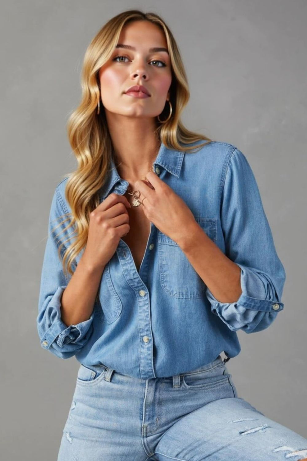 Fashion Express - Chambray Button Shirt | Mid Wash Blue - Shirt - Silvermaple Boutique
