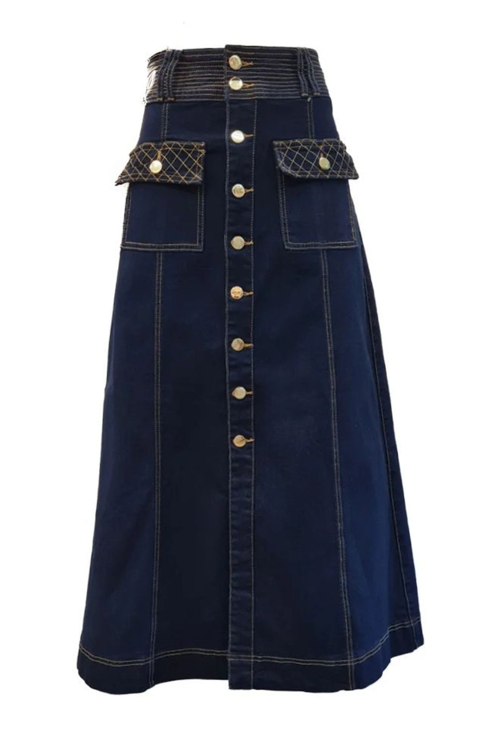 Fashion Express - Midi Button Detail Denim Skirt | Dark Indigo - Skirt - Silvermaple Boutique