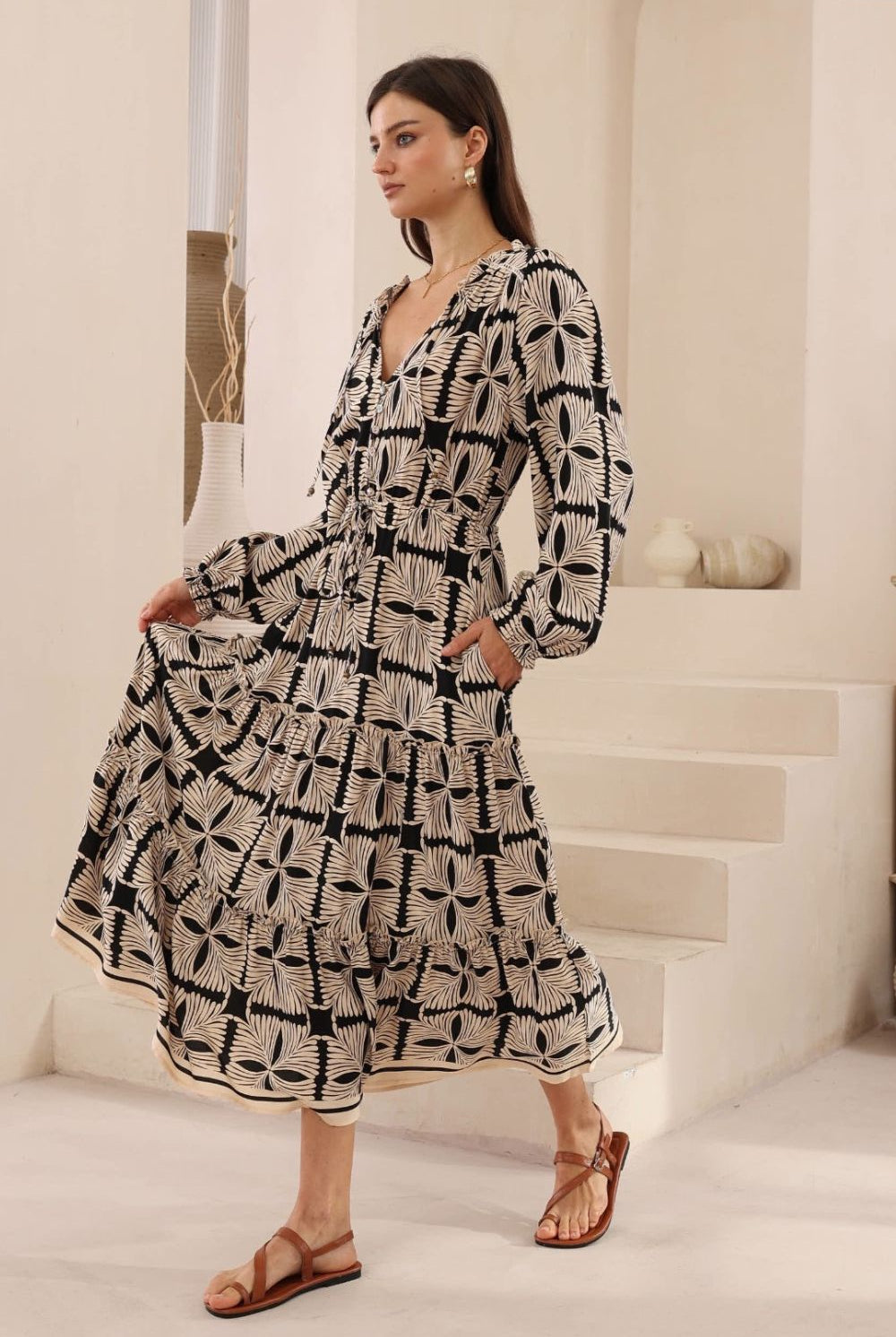 Fashion Express - Zadie Maxi Dress | Black/Beige Tribal - Dress - Silvermaple Boutique