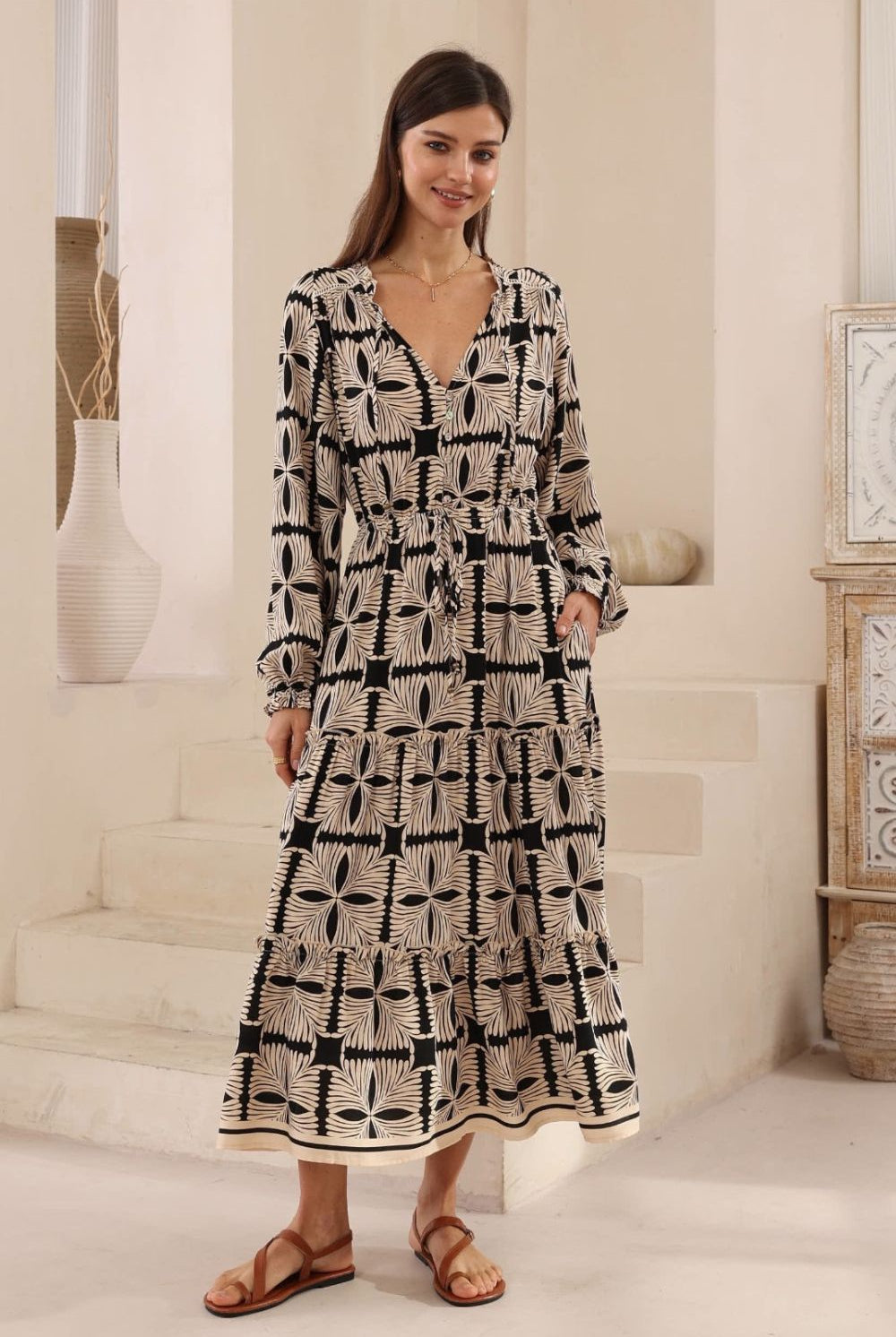 Fashion Express - Zadie Maxi Dress | Black/Beige Tribal - Dress - Silvermaple Boutique