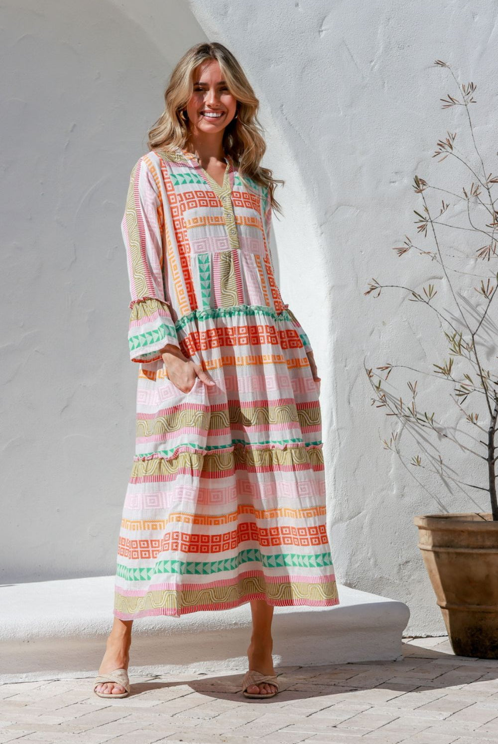 Fashion Express - Mediterranean Jacquard Maxi Dress | Pink/Orange/Green - Dress - Silvermaple Boutique