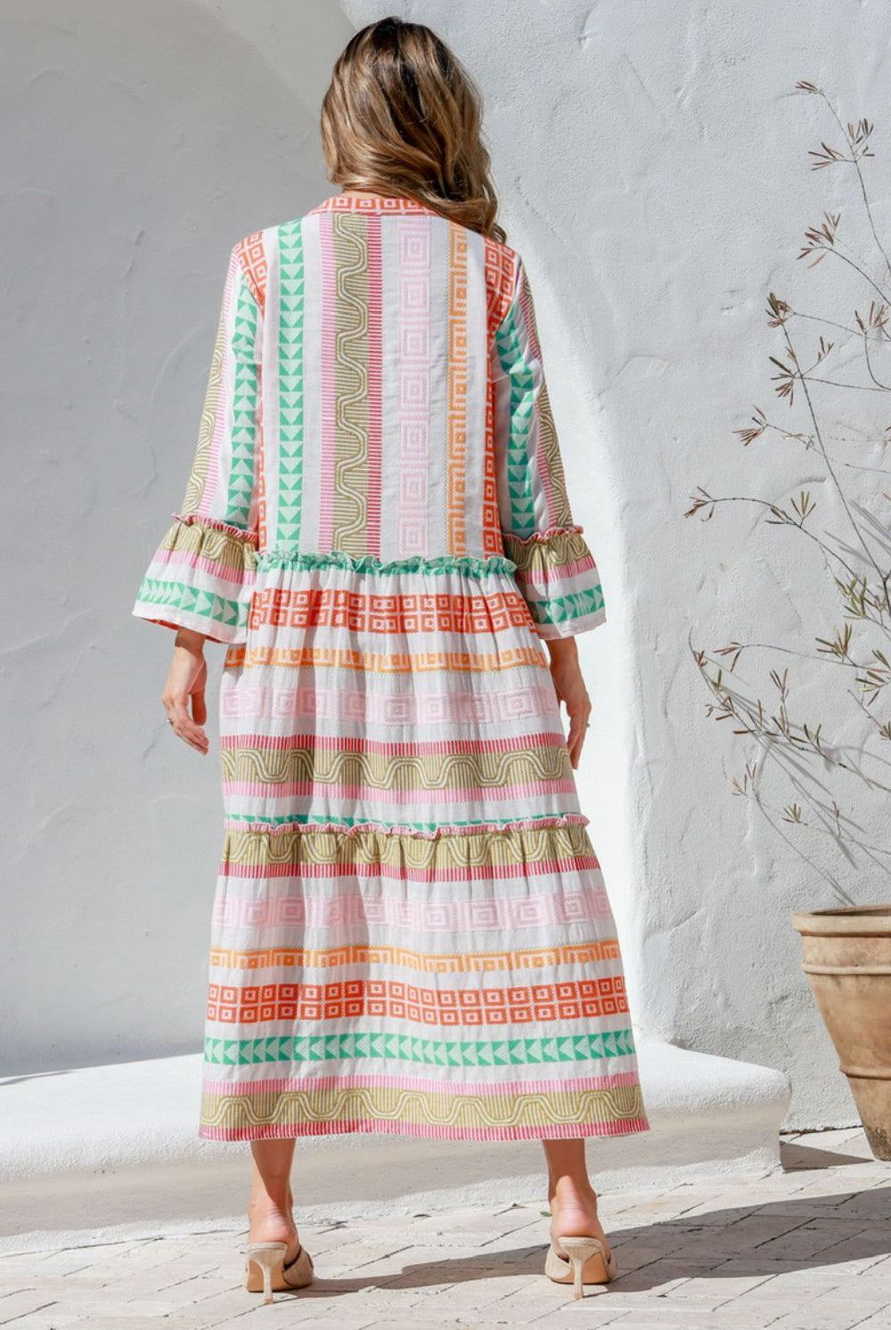 Fashion Express - Mediterranean Jacquard Maxi Dress | Pink/Orange/Green - Dress - Silvermaple Boutique
