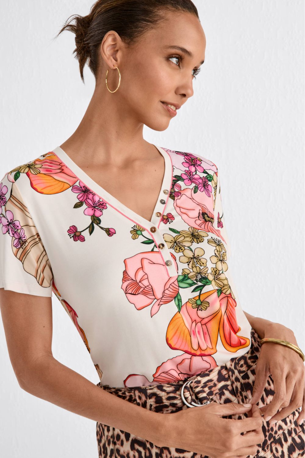 Johnny Was - The Janie Favourite Short Sleeve Henley Tee | Rosabelia - Top - Silvermaple Boutique