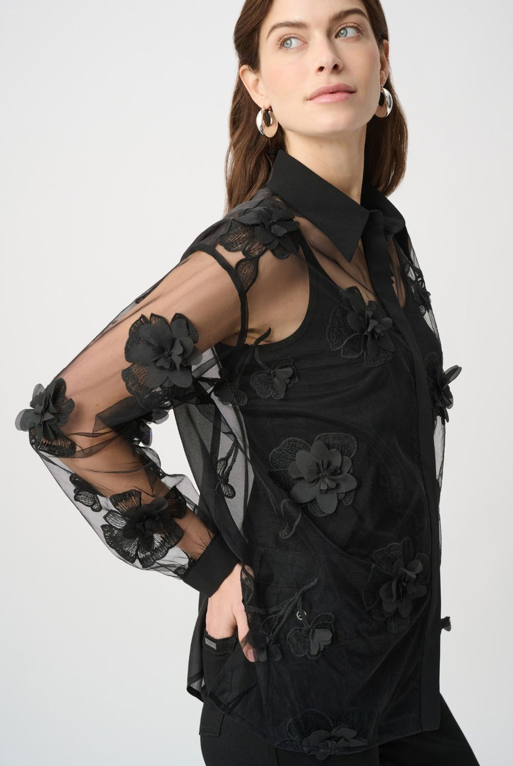 Joseph Ribkoff - Joseph Ribkoff Flower Appliqué Blouse | Black - Blouse - Silvermaple Boutique