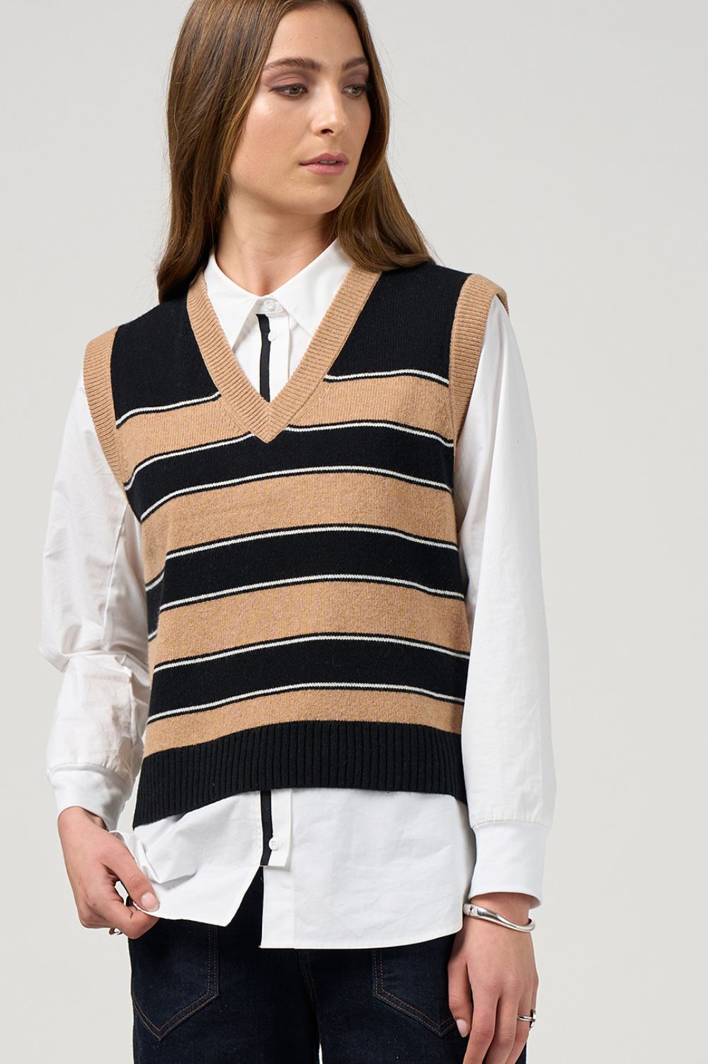 Madly Sweetly - Madly Sweetly College Vest | Camel/Black - Vest - Silvermaple Boutique