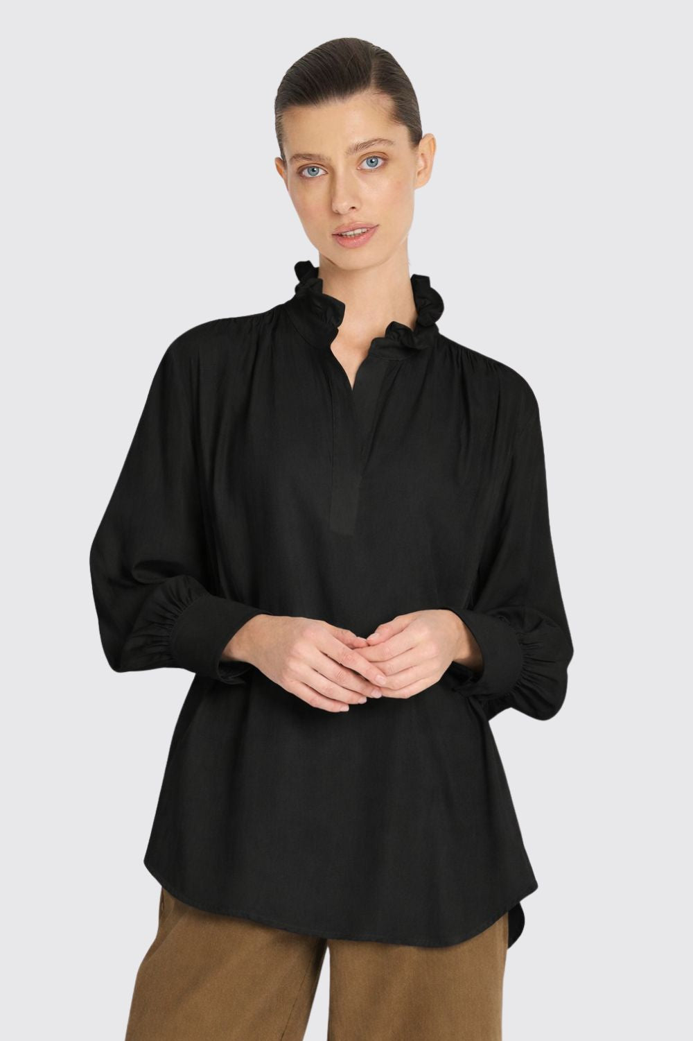 Mela Purdie - Mela Purdie Frill Neck Blouse | Black - Blouse - Silvermaple Boutique
