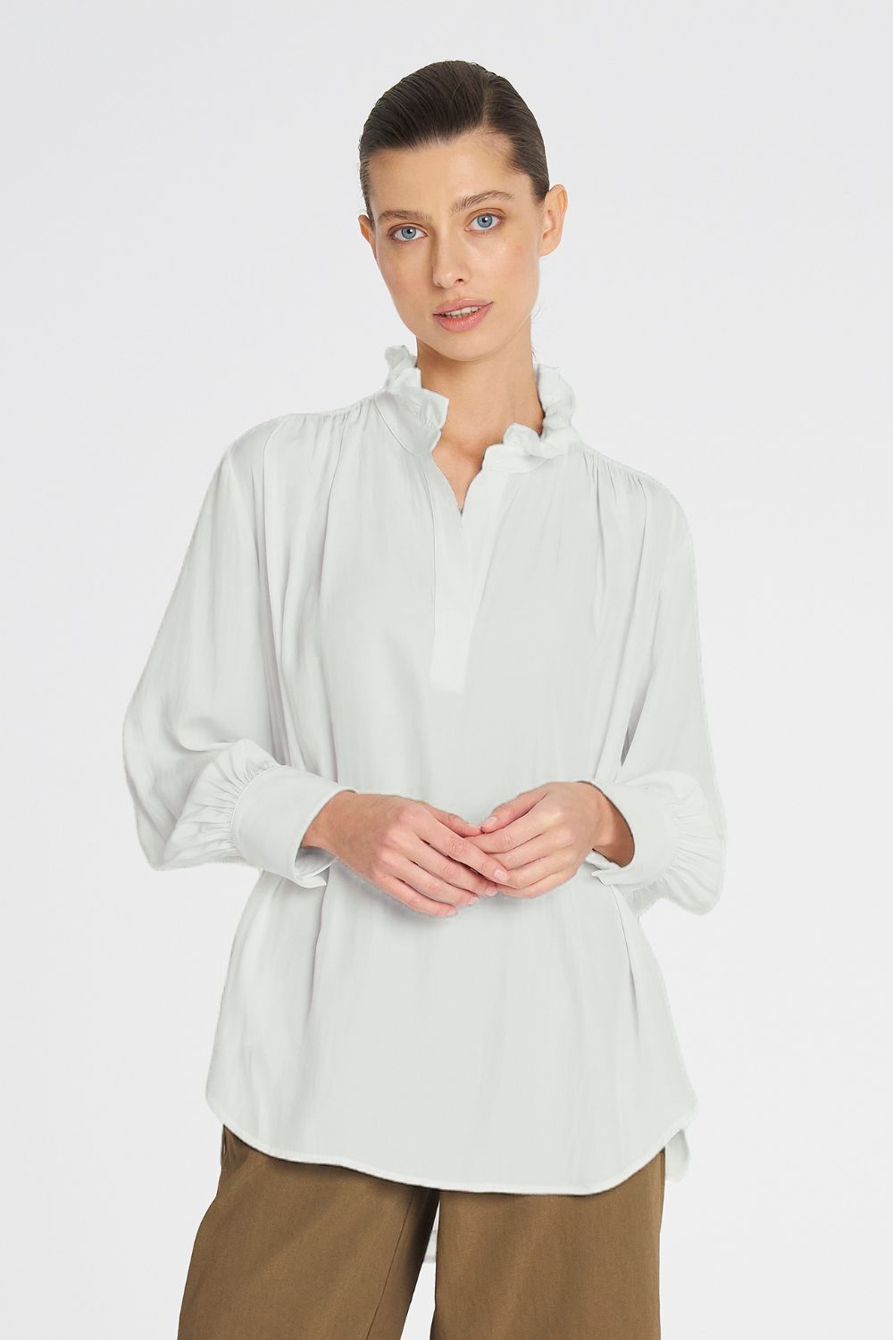 Mela Purdie - Mela Purdie Frill Neck Blouse | Oyster - Blouse - Silvermaple Boutique