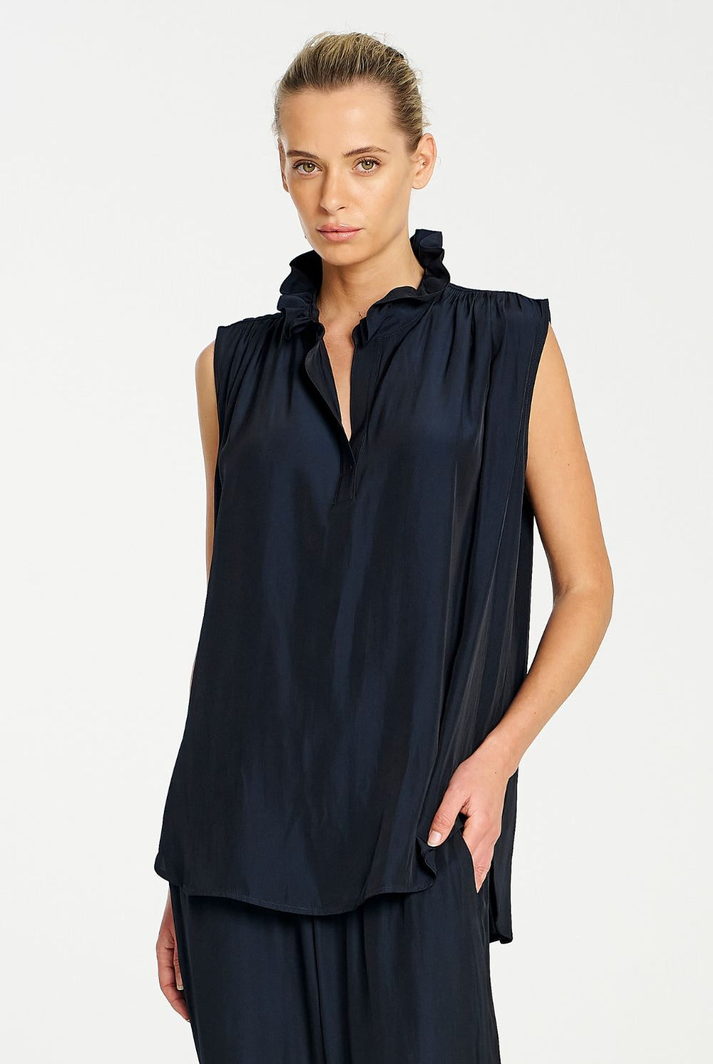 Mela Purdie - Mela Purdie Frill Neck Tank | Navy - Top - Silvermaple Boutique