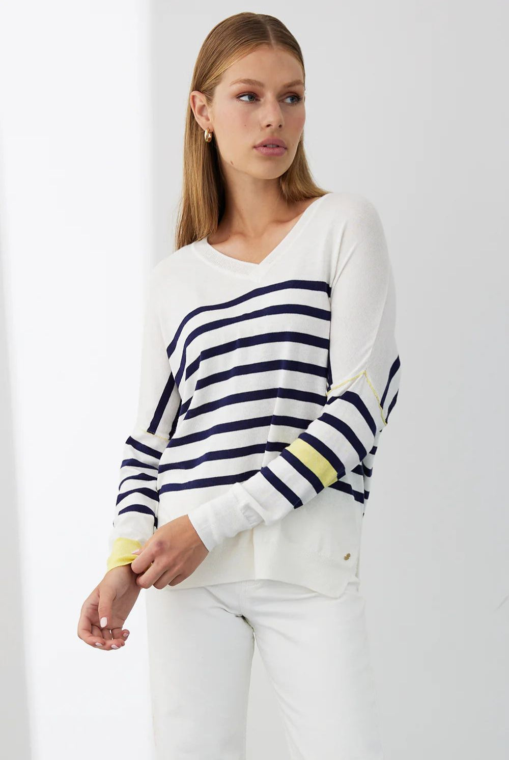 Mia Fratino - Palma Stripe Vee | Chalk/Navy/Granita - Knitwear - Silvermaple Boutique