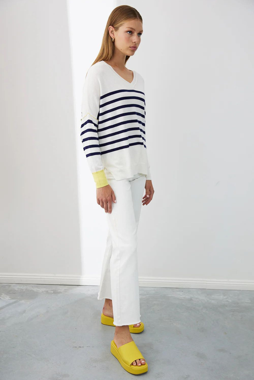 Mia Fratino - Palma Stripe Vee | Chalk/Navy/Granita - Knitwear - Silvermaple Boutique
