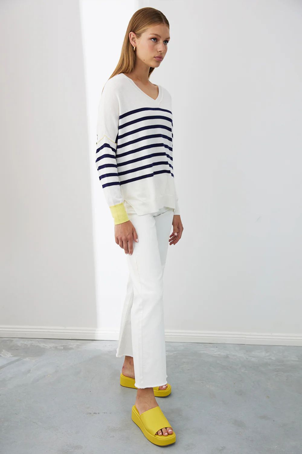 Mia Fratino - Palma Stripe Vee | Chalk/Navy/Granita - Knitwear - Silvermaple Boutique