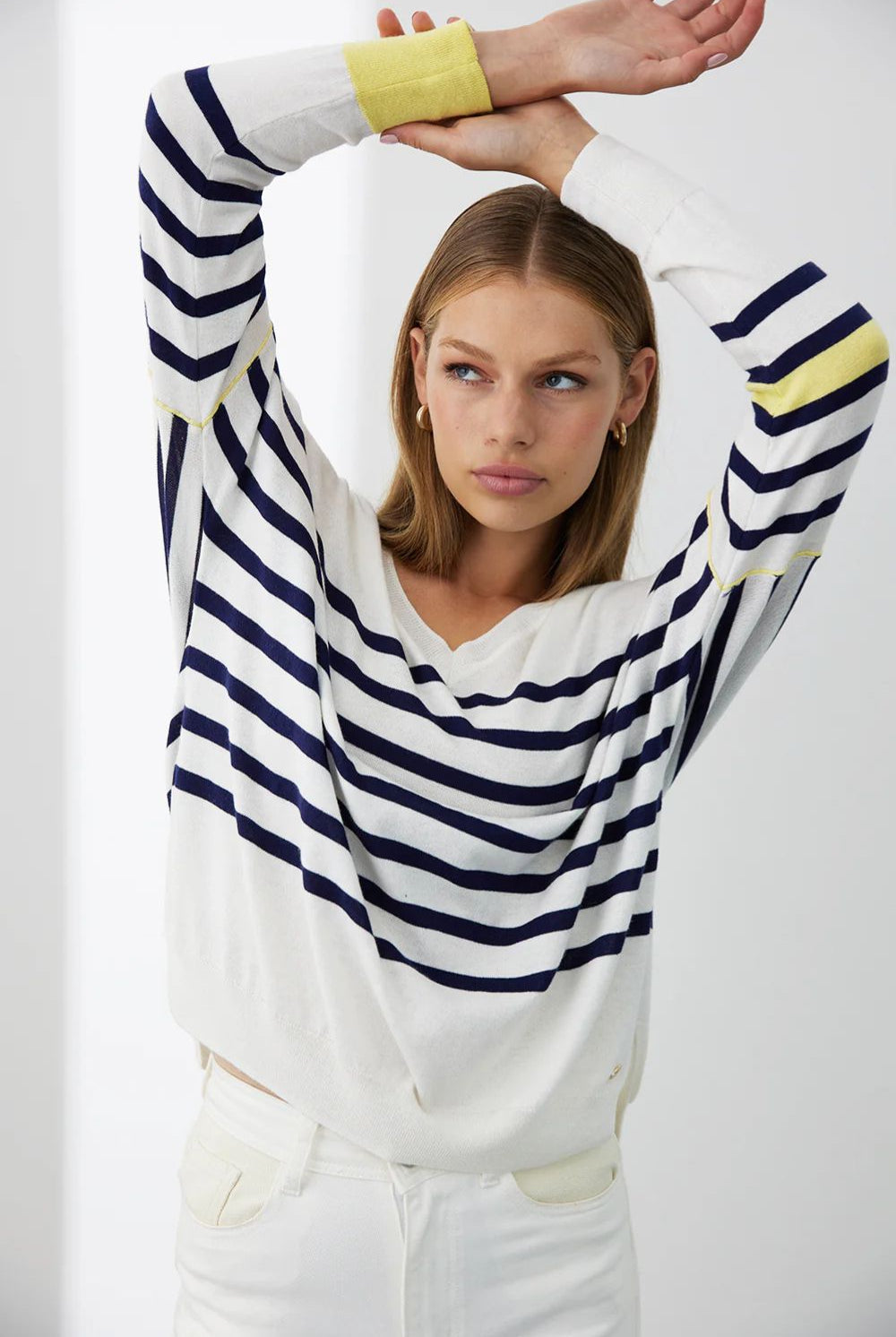 Mia Fratino - Palma Stripe Vee | Chalk/Navy/Granita - Knitwear - Silvermaple Boutique