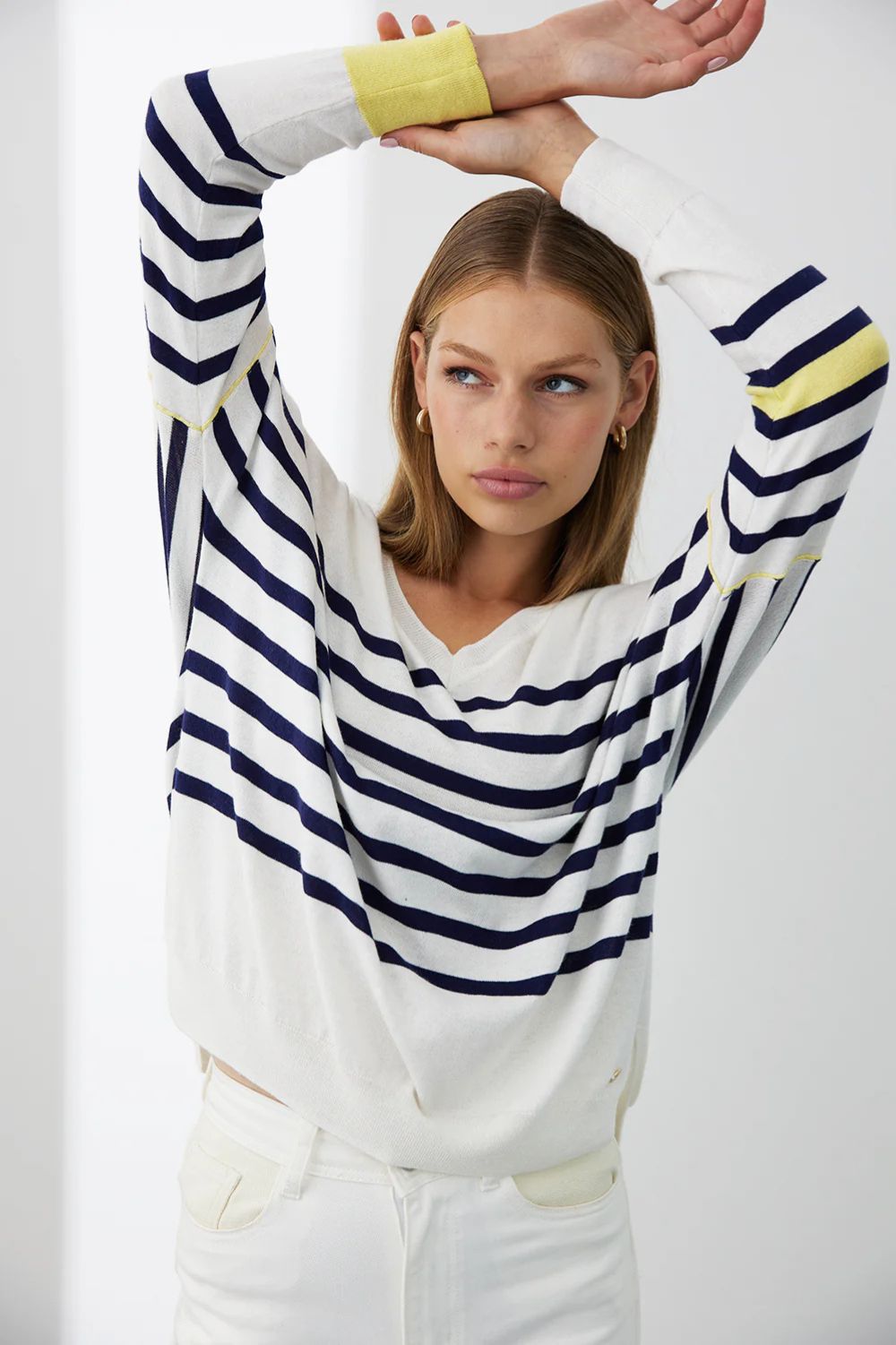 Mia Fratino - Palma Stripe Vee | Chalk/Navy/Granita - Knitwear - Silvermaple Boutique