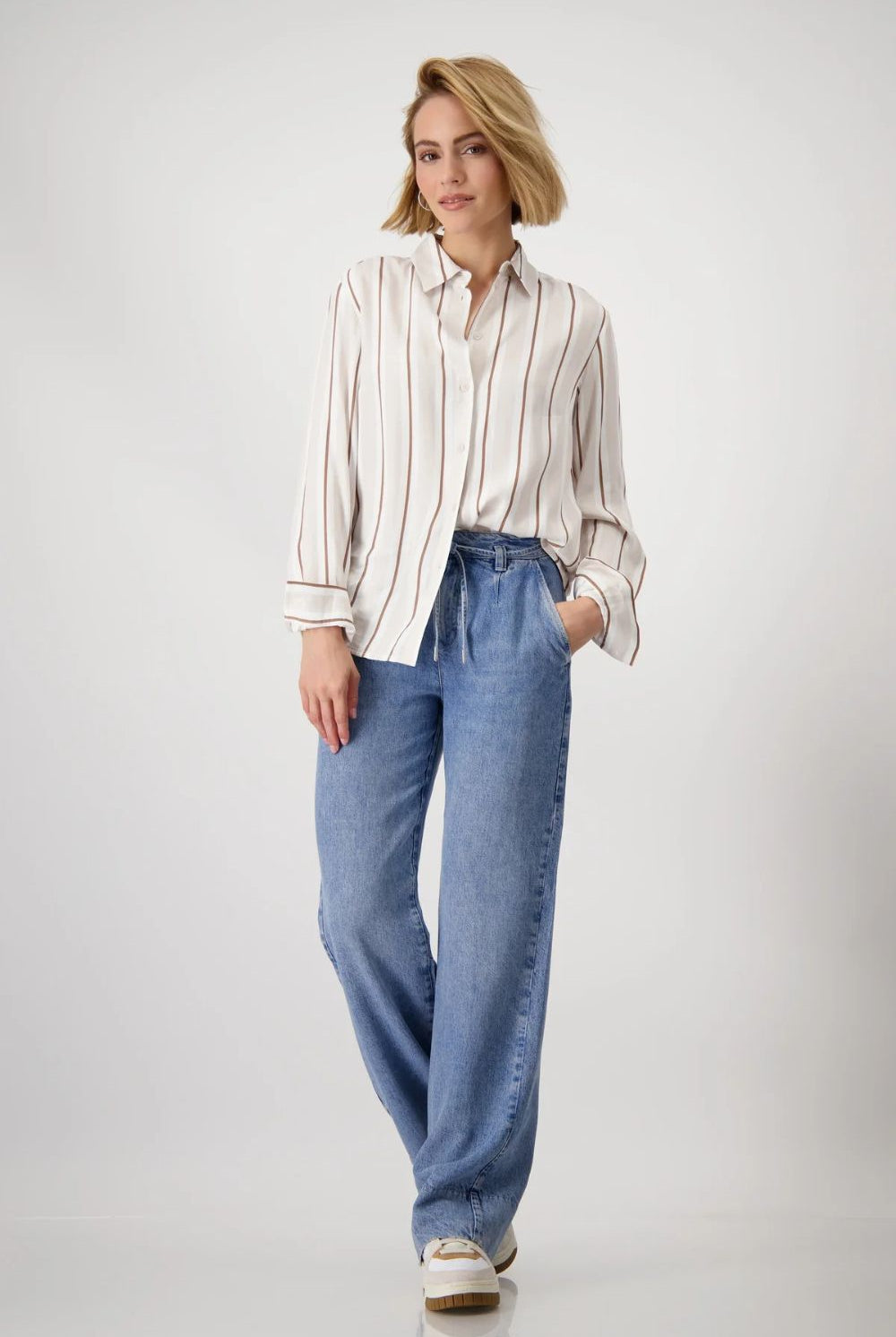 Monari - Satin Striped Blouse | Creamy Beige Patterned - Blouse - Silvermaple Boutique