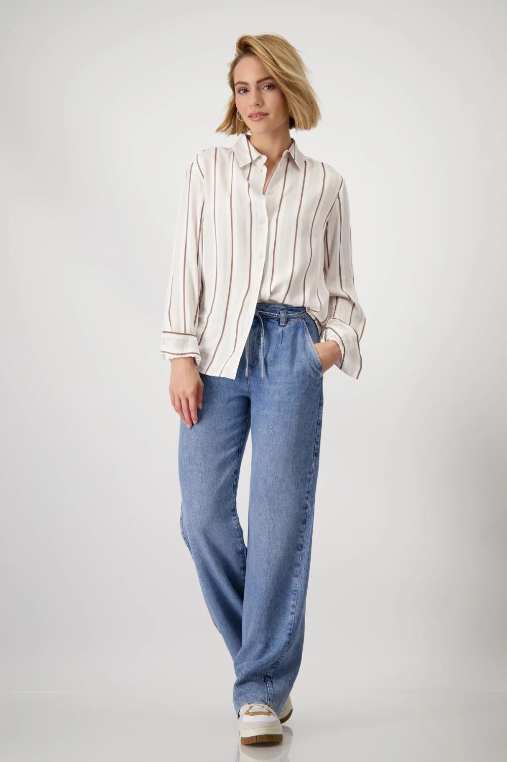 Monari - Satin Striped Blouse | Creamy Beige Patterned - Blouse - Silvermaple Boutique