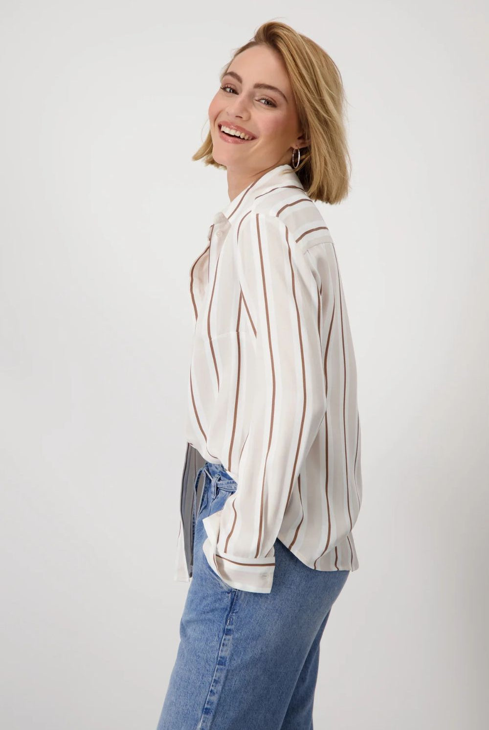 Monari - Satin Striped Blouse | Creamy Beige Patterned - Blouse - Silvermaple Boutique