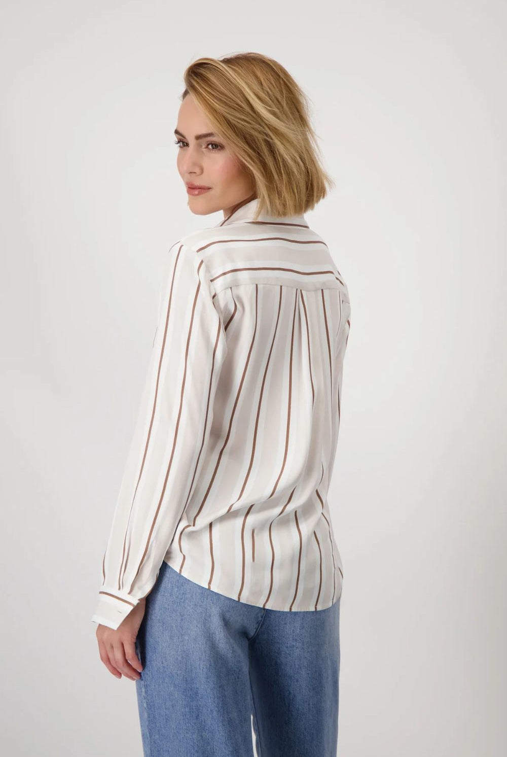 Monari - Satin Striped Blouse | Creamy Beige Patterned - Blouse - Silvermaple Boutique
