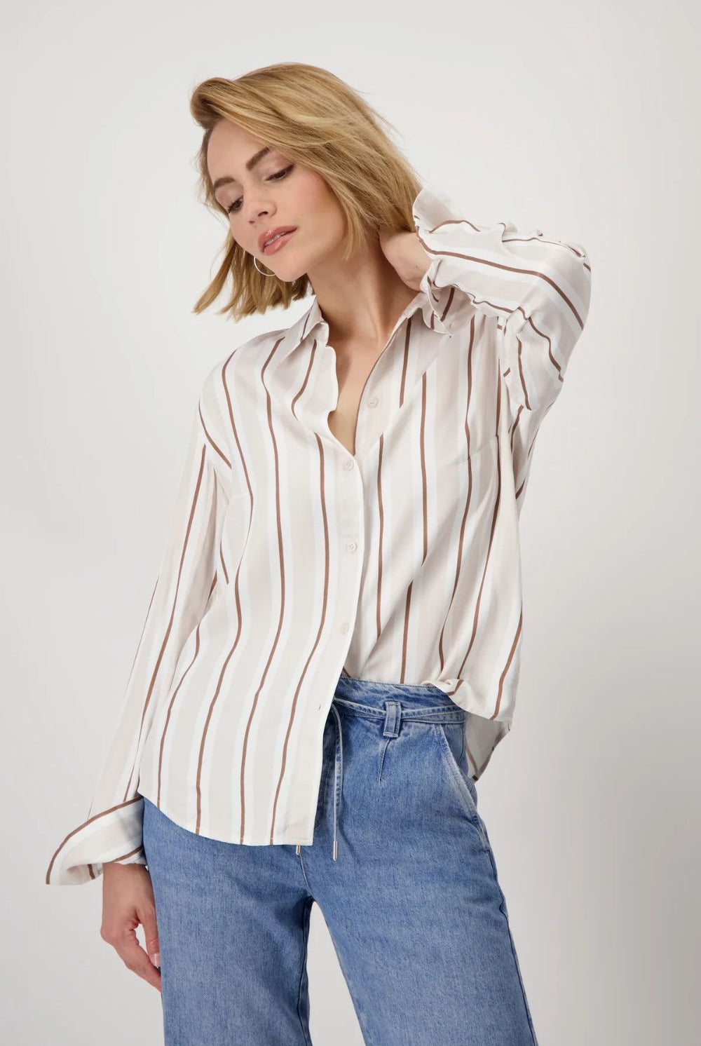Monari - Satin Striped Blouse | Creamy Beige Patterned - Blouse - Silvermaple Boutique