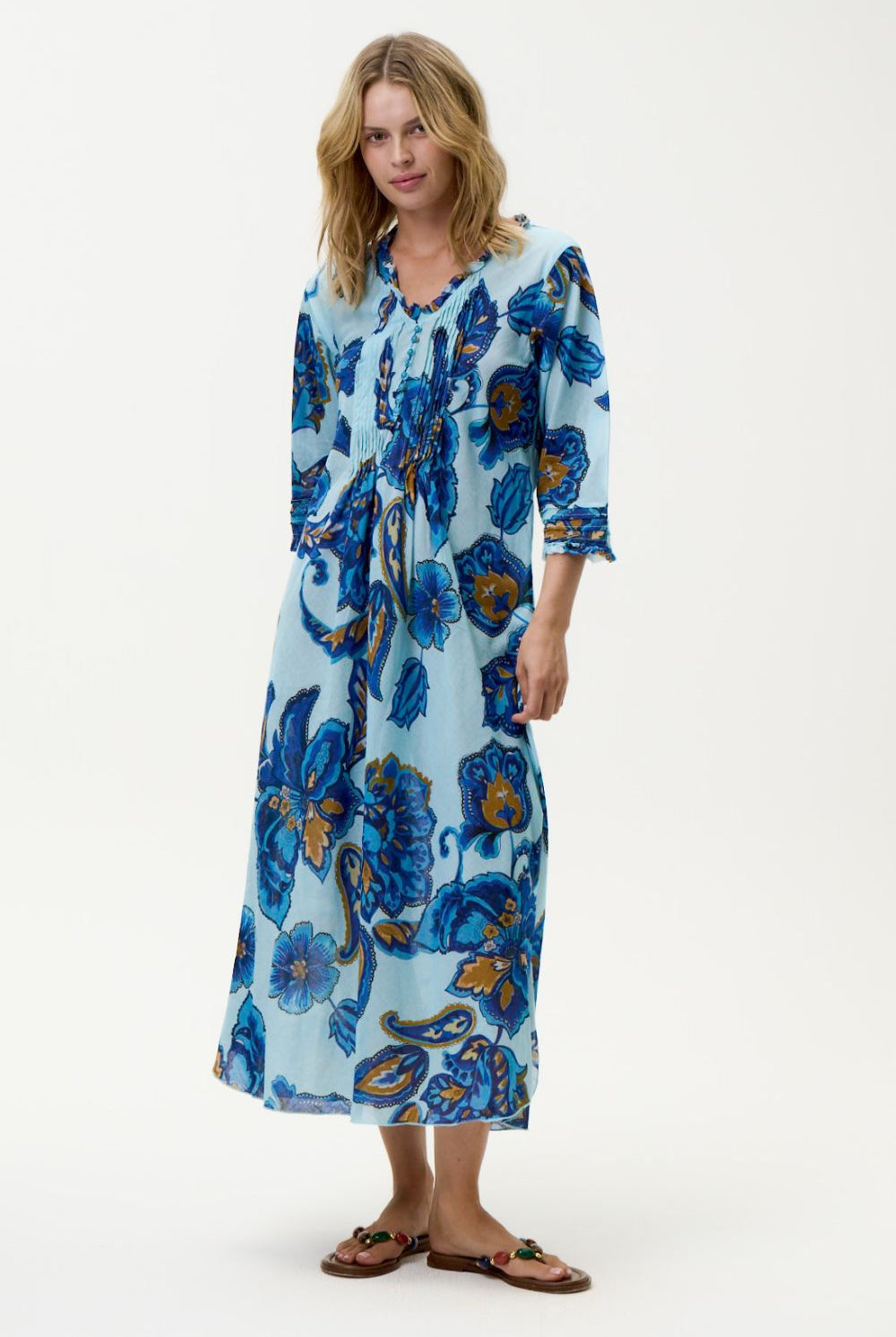 Oneseason - Oneseason Long Poppy Dress | Lemnos Blue Flower - Dress - Silvermaple Boutique