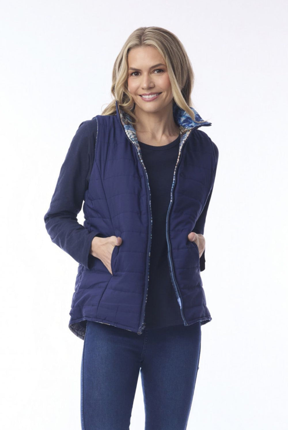 Orientique - Reversible Puffer Vest | Navy Print - Vest - Silvermaple Boutique