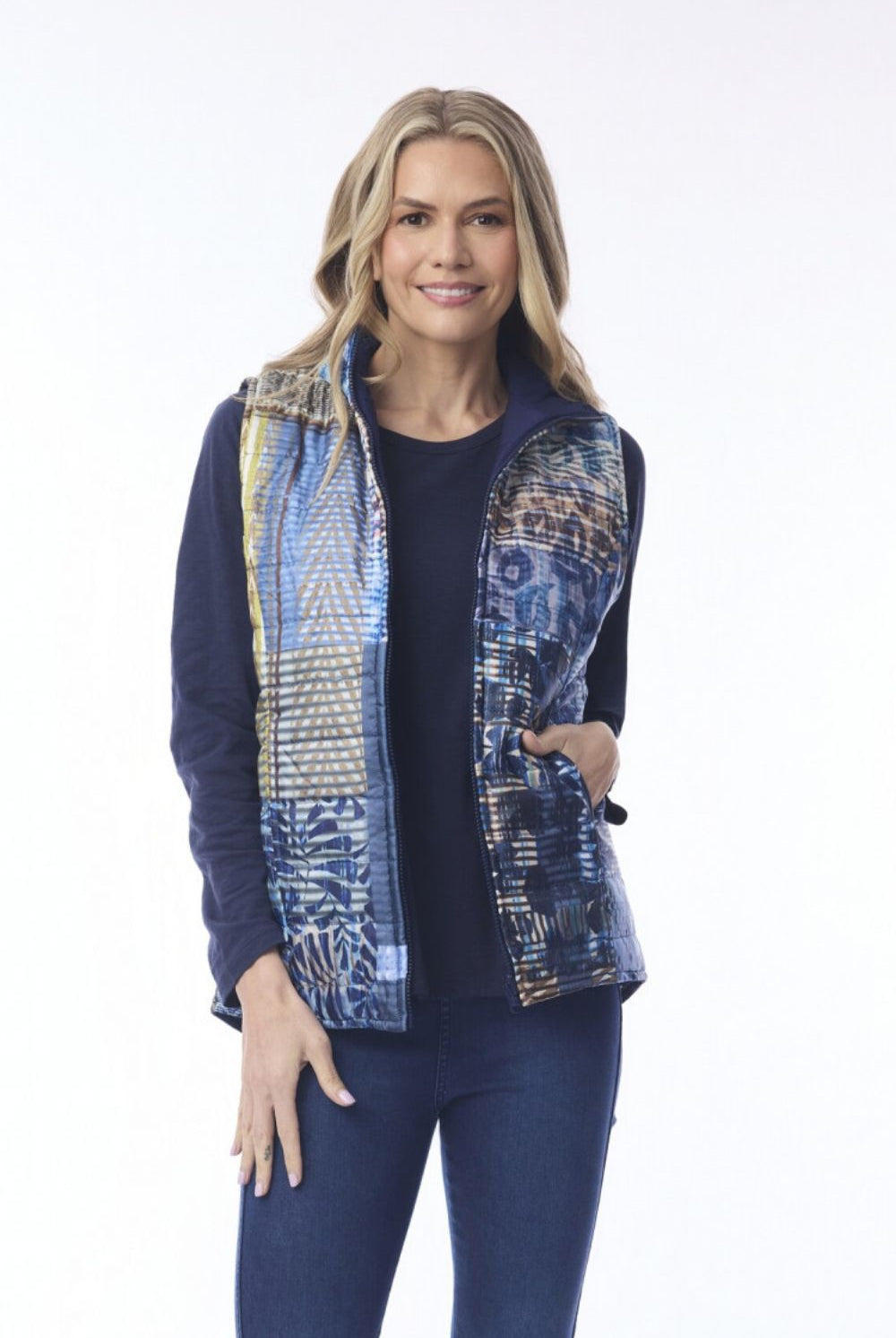 Orientique - Reversible Puffer Vest | Navy Print - Vest - Silvermaple Boutique