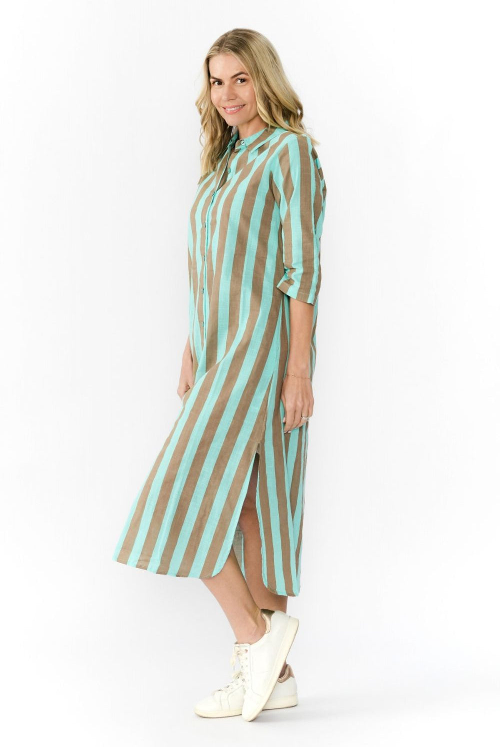 Orientique - Sofia Shirt Dress | Mocha/Sky Stripe - Dress - Silvermaple Boutique