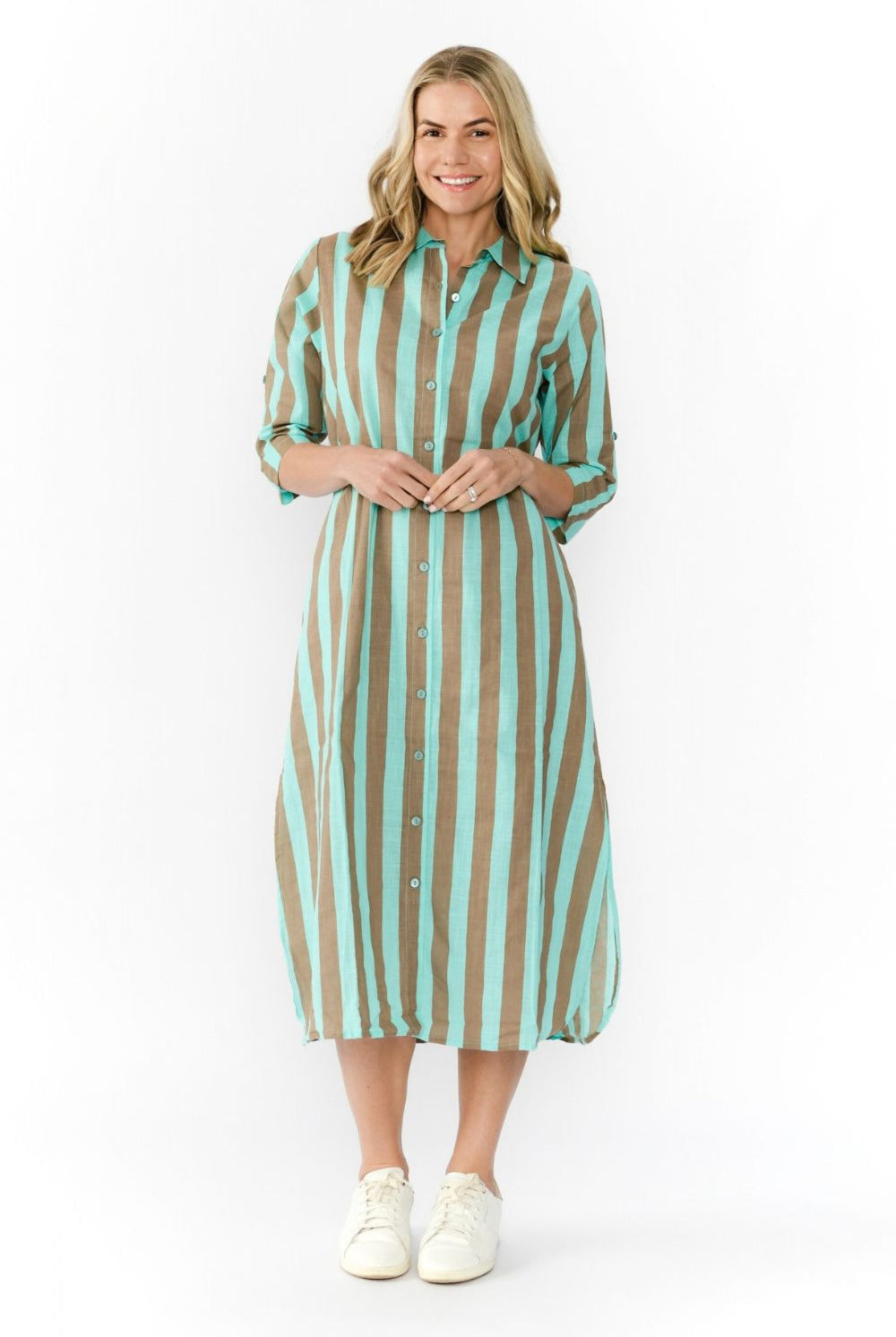 Orientique - Sofia Shirt Dress | Mocha/Sky Stripe - Dress - Silvermaple Boutique