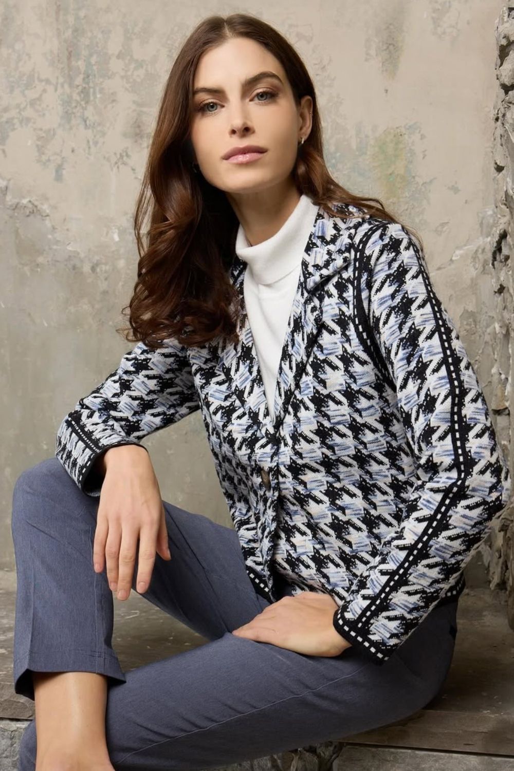 Picadilly - Houndstooth 1-Button Short Jacket | Blue Multi - Jacket - Silvermaple Boutique
