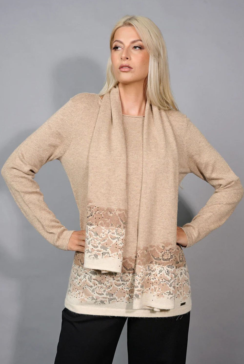 Picadilly - Picadilly Border Printed Top With Scarf | Taupe Multi - Top - Silvermaple Boutique