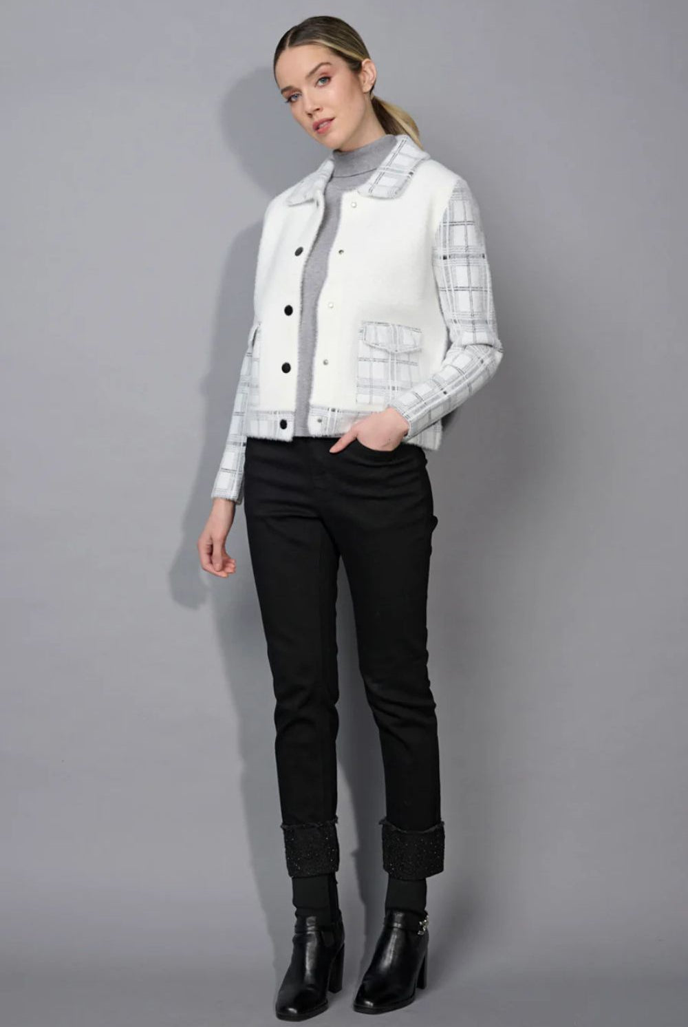 Picadilly - Picadilly Plaid Pockets Short Jacket | Off White/Grey - Jacket - Silvermaple Boutique