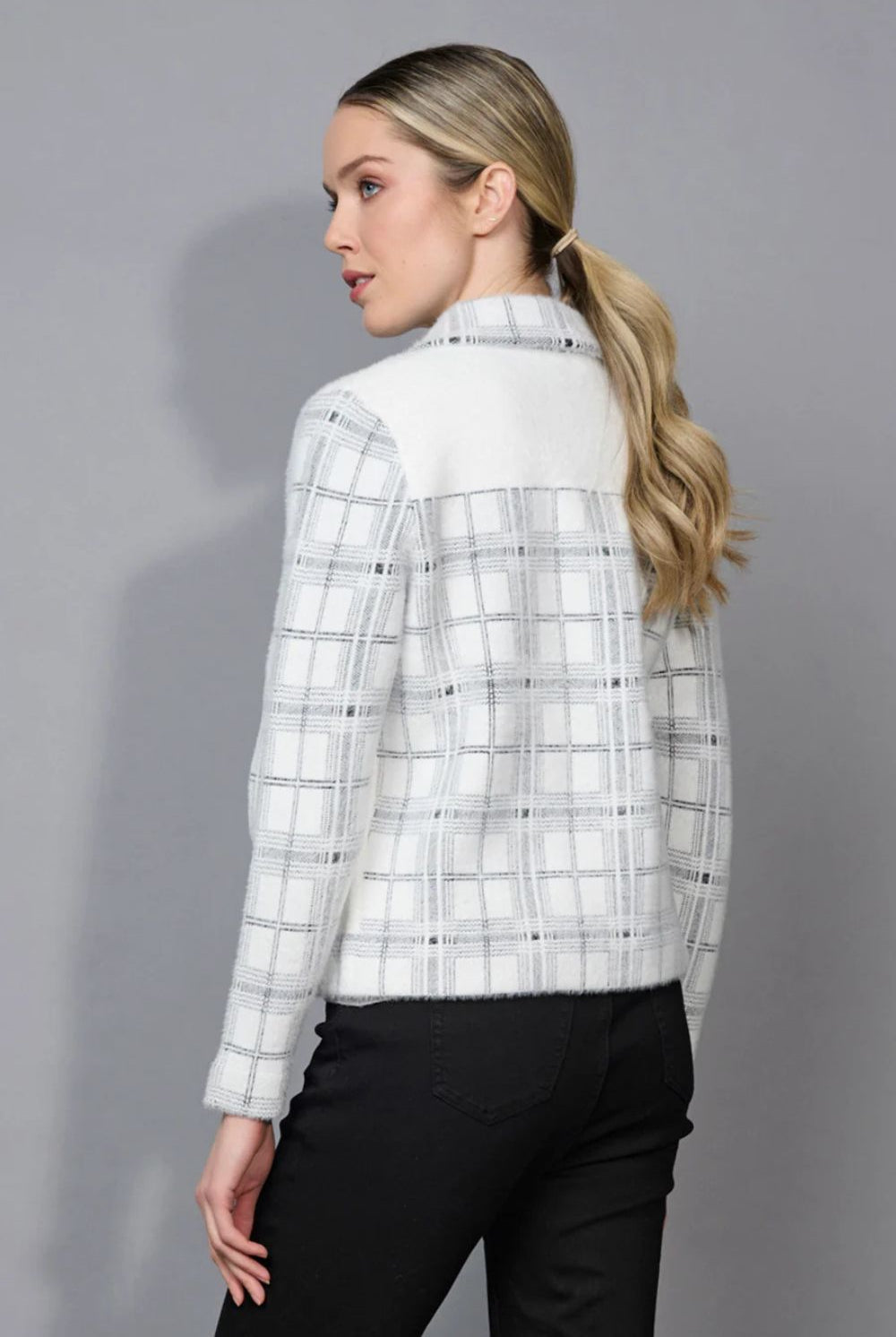 Picadilly - Picadilly Plaid Pockets Short Jacket | Off White/Grey - Jacket - Silvermaple Boutique
