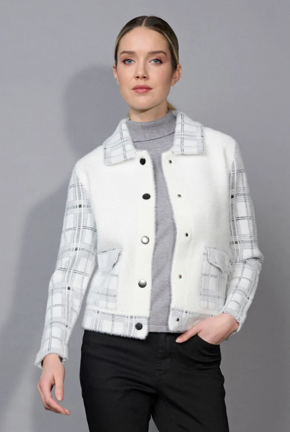 Picadilly - Picadilly Plaid Pockets Short Jacket | Off White/Grey - Jacket - Silvermaple Boutique
