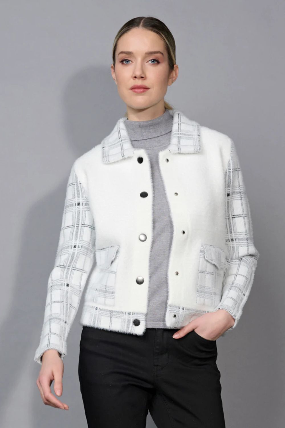 Picadilly - Picadilly Plaid Pockets Short Jacket | Off White/Grey - Jacket - Silvermaple Boutique