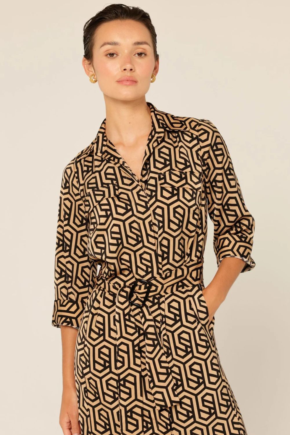 Sacha Drake - Gino Shirtmaker Dress | Black/Tan Geometric - Dress - Silvermaple Boutique