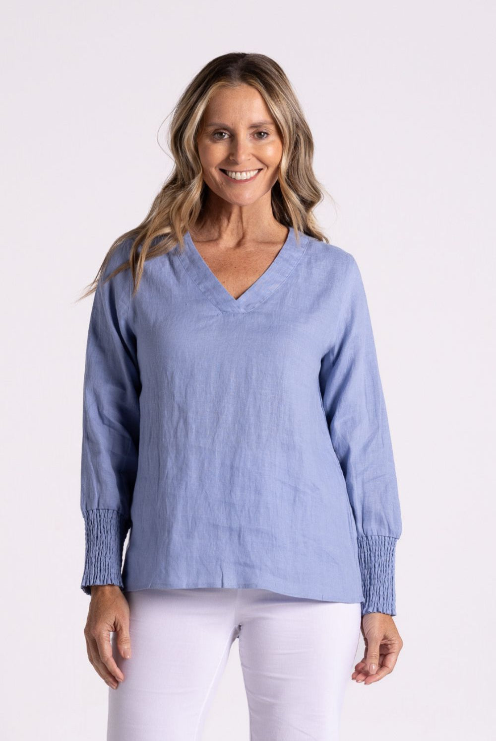 Silvermaple Collection - Carrie Linen V-Neck Top | Sky - Top - Silvermaple Boutique