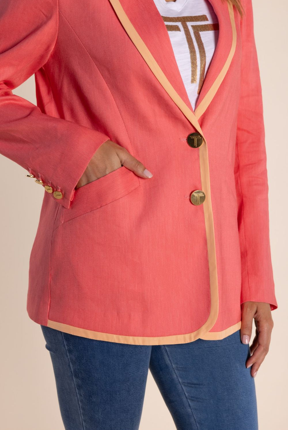 Two T's - Linen Mix Blazer With Contrast Trim | Spring Pink/Mandarin Trim - Blazer - Silvermaple Boutique