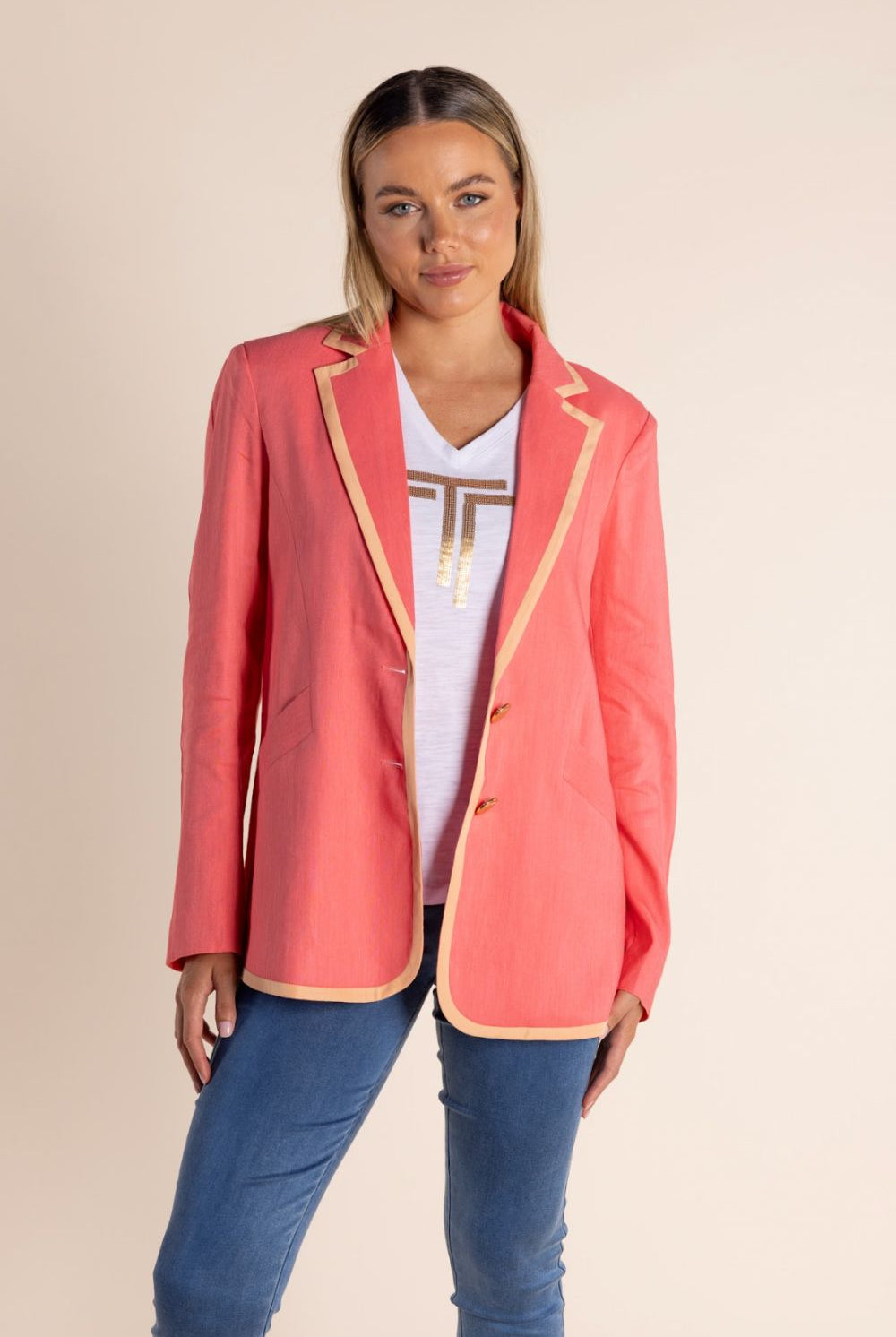 Two T's - Linen Mix Blazer With Contrast Trim | Spring Pink/Mandarin Trim - Blazer - Silvermaple Boutique
