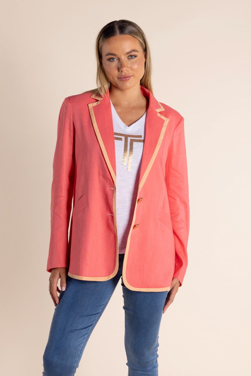 Two T's - Linen Mix Blazer With Contrast Trim | Spring Pink/Mandarin Trim - Blazer - Silvermaple Boutique