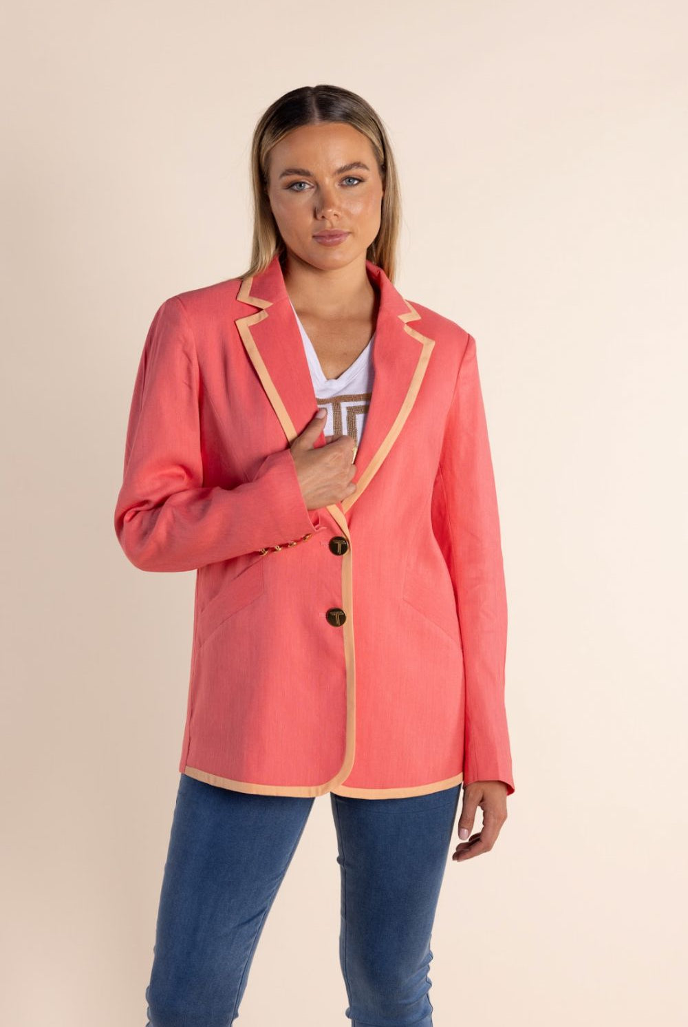 Two T's - Linen Mix Blazer With Contrast Trim | Spring Pink/Mandarin Trim - Blazer - Silvermaple Boutique