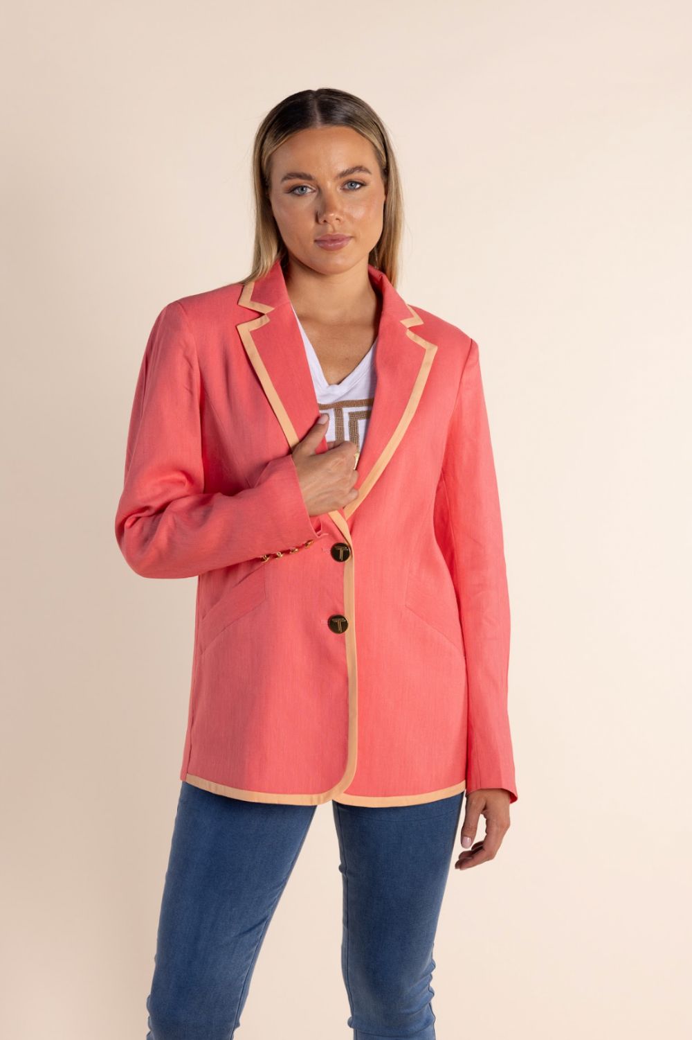 Two T's - Linen Mix Blazer With Contrast Trim | Spring Pink/Mandarin Trim - Blazer - Silvermaple Boutique